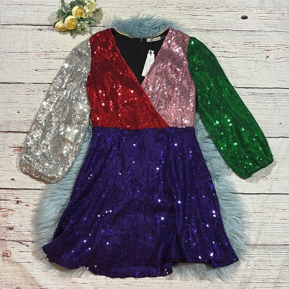 NWT Alice + Olivia Blaze Rainbow Mulit Colored Sequin Dress - Picture 8 of 11